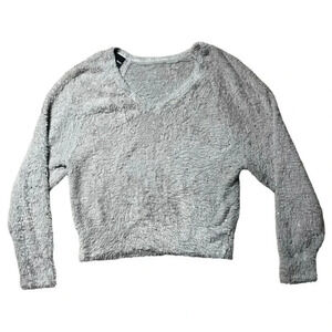 Express Womens Fuzzy Gray Oversized Sweater Soft Rhinestones V Neck Size XS
